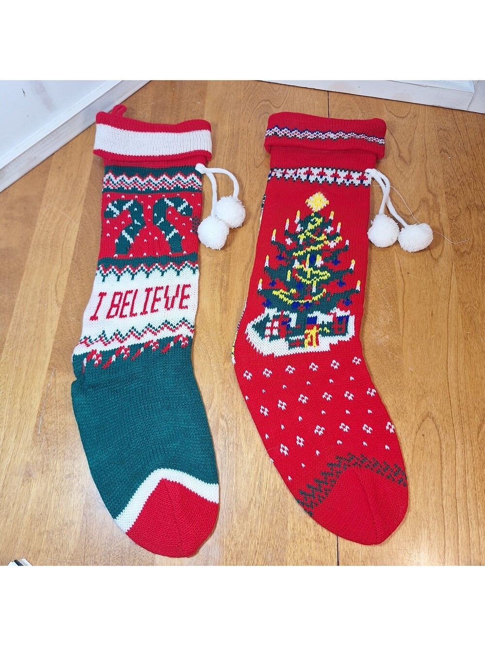 Pair Of Vintage Christmas Stockings Christmas Trees Knit  20"L X 6" Opening